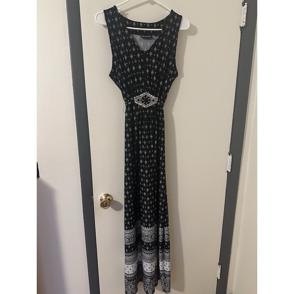 Nina Leonard Diamond Print‎ Maxi Dress Black White Beaded Tie Stretch Size Large